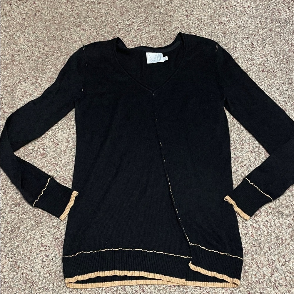 Michael stars soya blend Black V-Neck Sweater with Tan Trim- like new